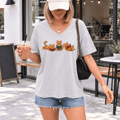 Cozy Gingerbread Cats Reading Books Ultra-Soft V-Neck | Christmas Gift Ash
