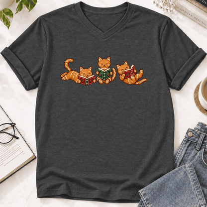 Cozy Gingerbread Cats Reading Books Ultra-Soft V-Neck | Christmas Gift Dark Grey Heather