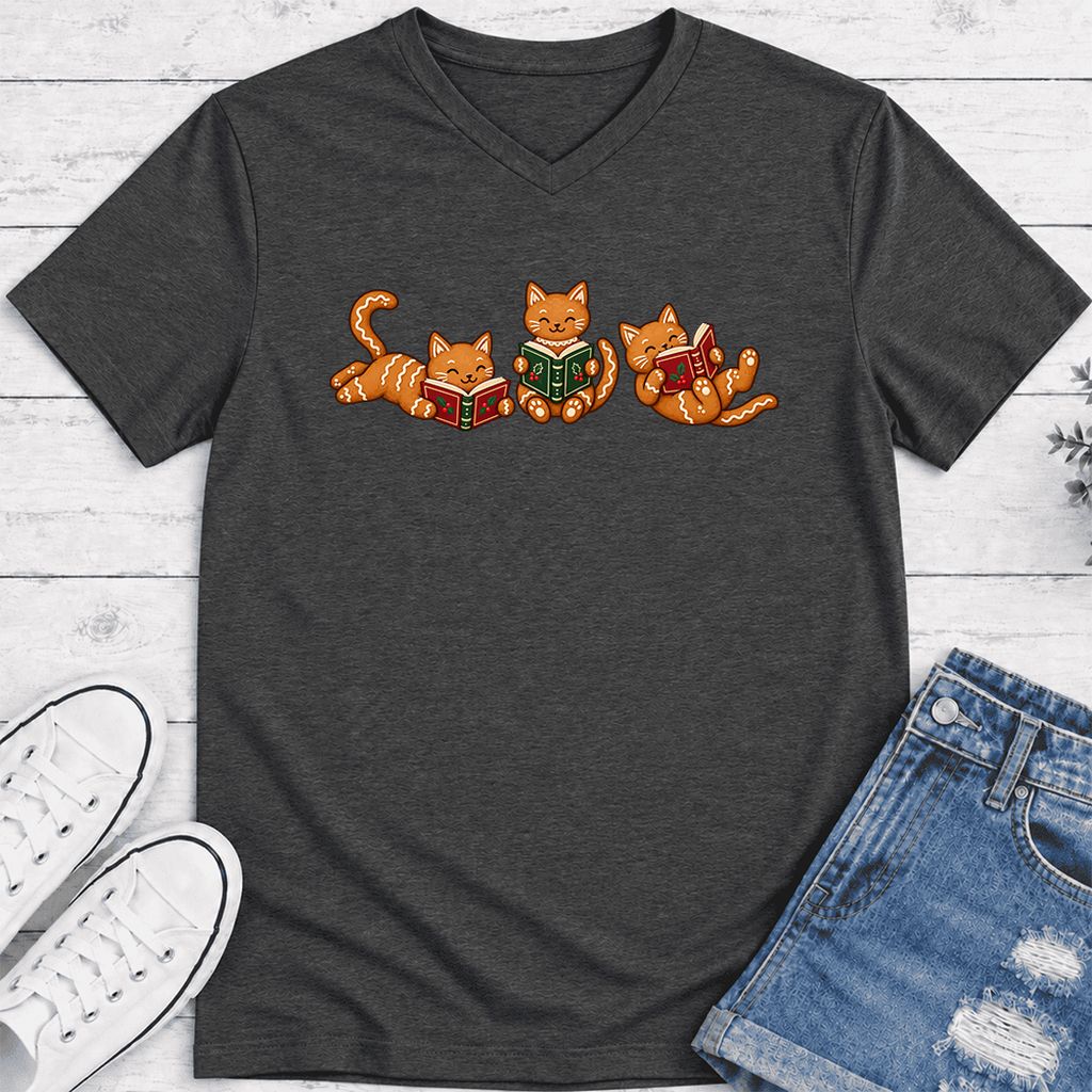 Cozy Gingerbread Cats Reading Books Ultra-Soft V-Neck | Christmas Gift Dark Grey Heather