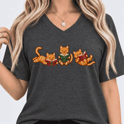 Cozy Gingerbread Cats Reading Books Ultra-Soft V-Neck | Christmas Gift Dark Grey Heather