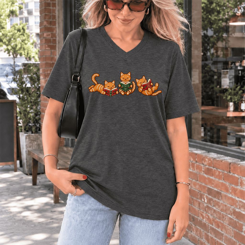 Cozy Gingerbread Cats Reading Books Ultra-Soft V-Neck | Christmas Gift Dark Grey Heather
