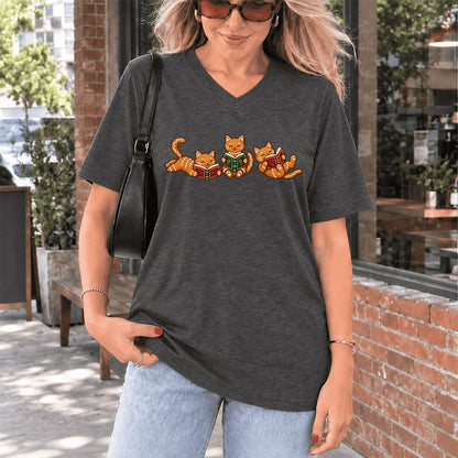 Cozy Gingerbread Cats Reading Books Ultra-Soft V-Neck | Christmas Gift Dark Grey Heather