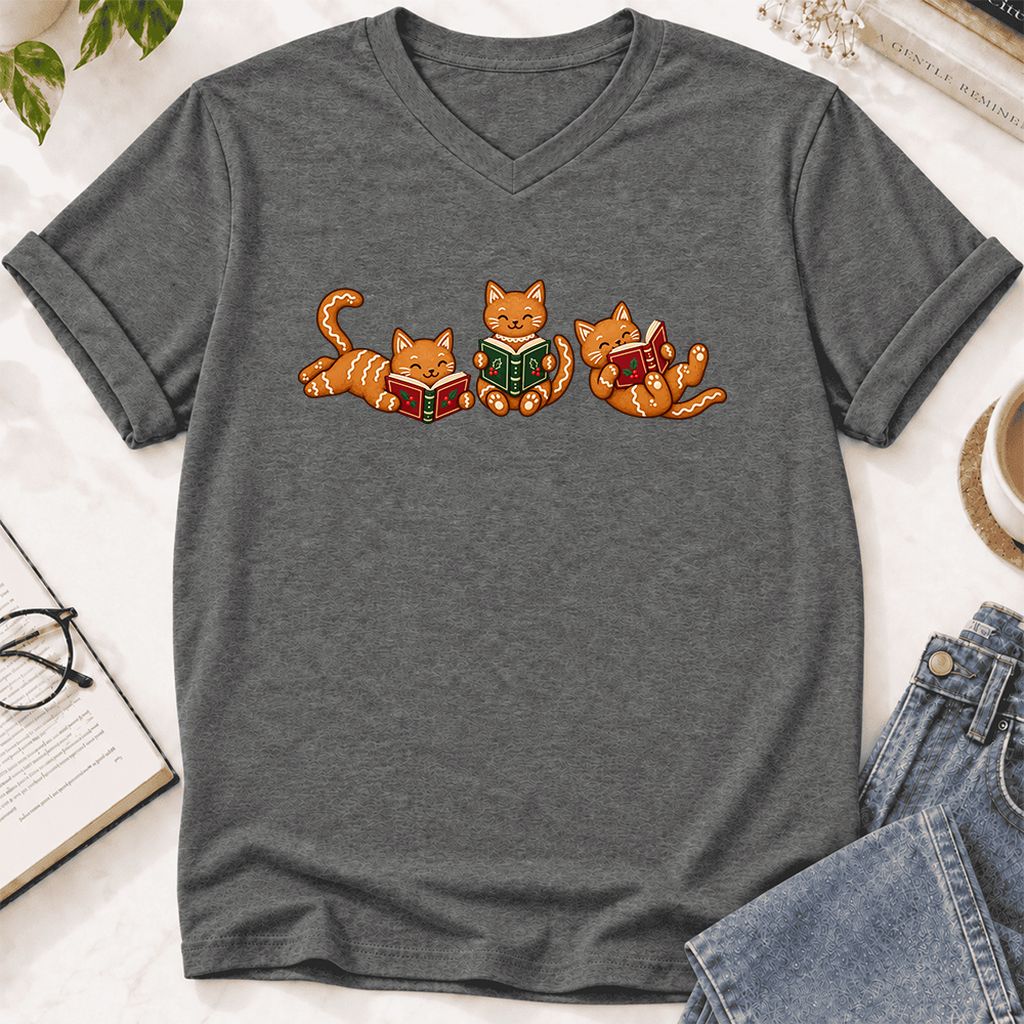 Cozy Gingerbread Cats Reading Books Ultra-Soft V-Neck | Christmas Gift Deep Heather