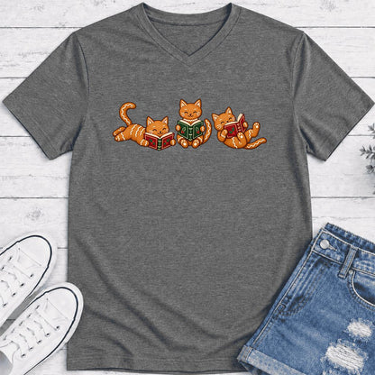 Cozy Gingerbread Cats Reading Books Ultra-Soft V-Neck | Christmas Gift Deep Heather