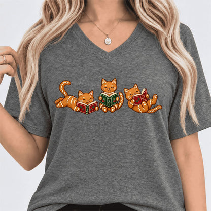 Cozy Gingerbread Cats Reading Books Ultra-Soft V-Neck | Christmas Gift Deep Heather