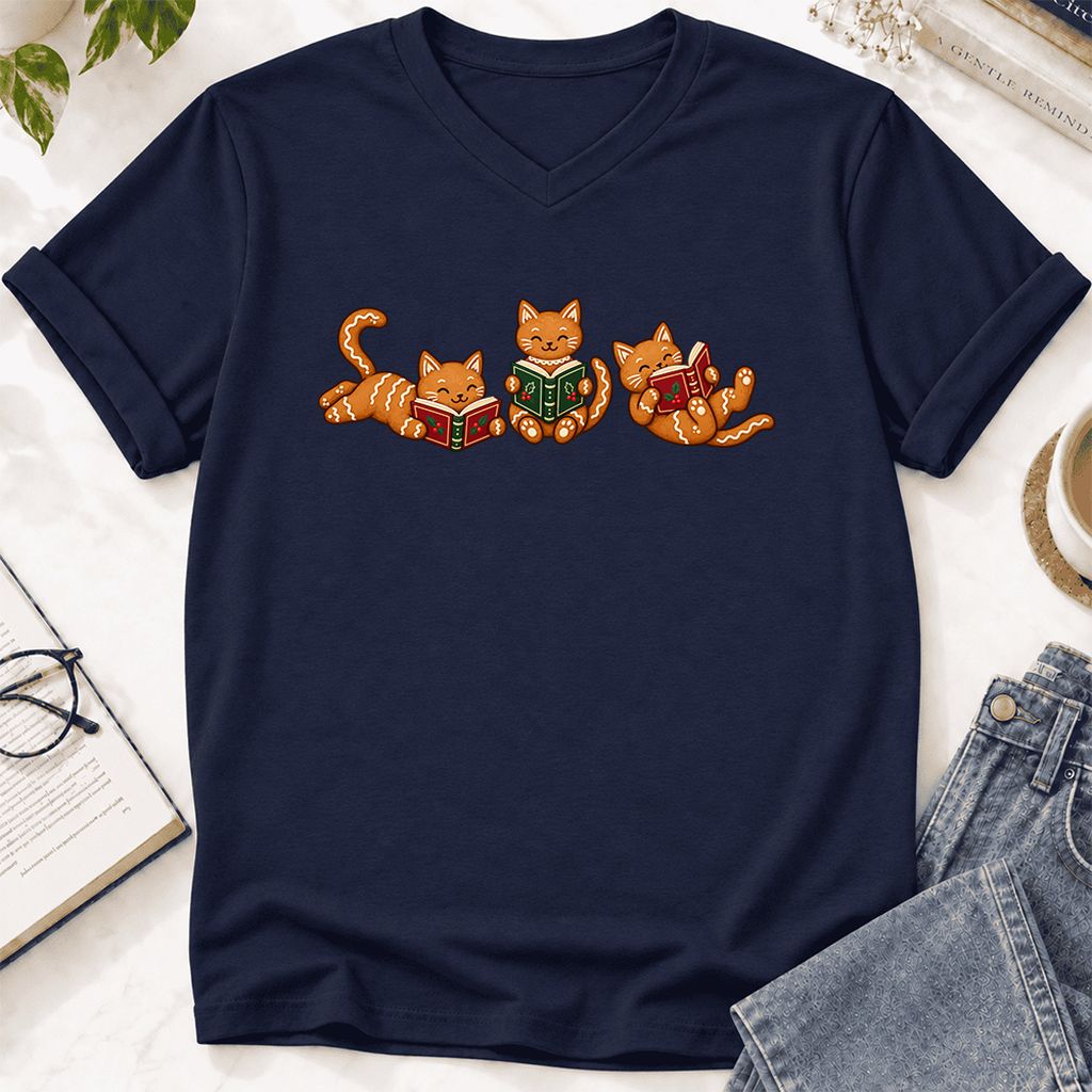 Cozy Gingerbread Cats Reading Books Ultra-Soft V-Neck | Christmas Gift Navy