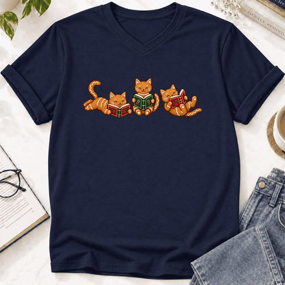 Cozy Gingerbread Cats Reading Books Ultra-Soft V-Neck | Christmas Gift Navy