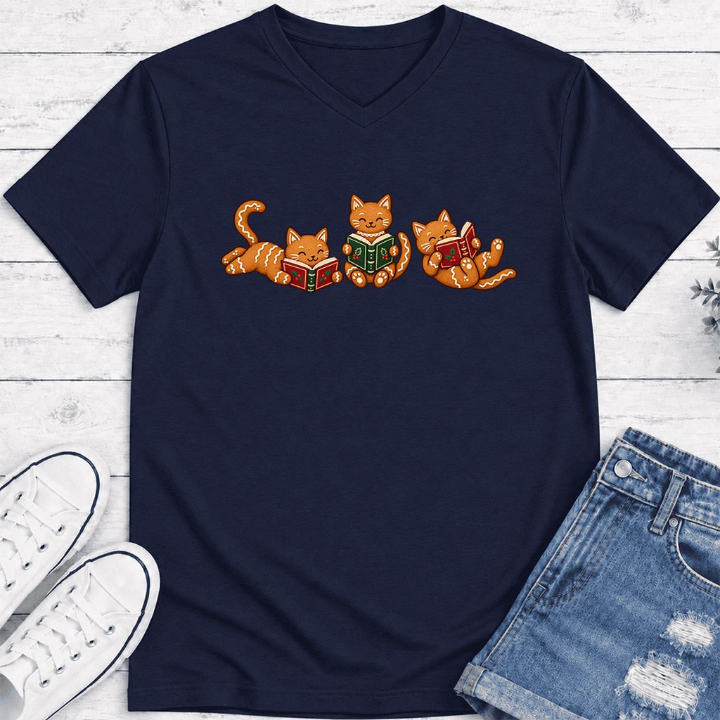 Cozy Gingerbread Cats Reading Books Ultra-Soft V-Neck | Christmas Gift Navy