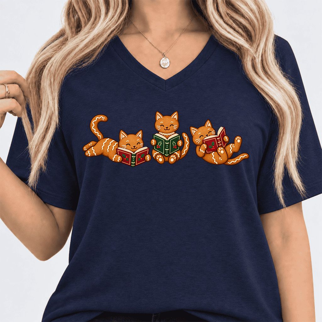 Cozy Gingerbread Cats Reading Books Ultra-Soft V-Neck | Christmas Gift Navy