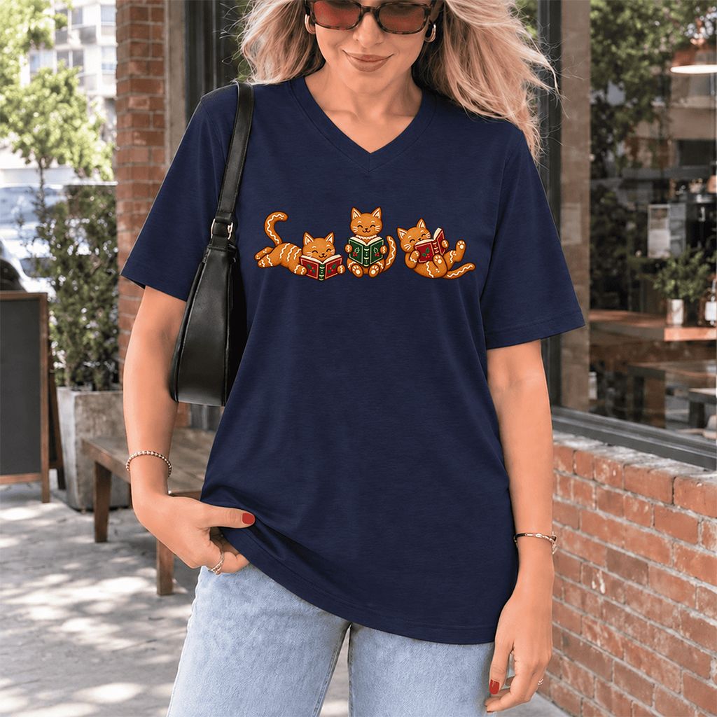Cozy Gingerbread Cats Reading Books Ultra-Soft V-Neck | Christmas Gift Navy