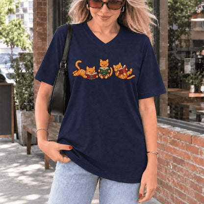 Cozy Gingerbread Cats Reading Books Ultra-Soft V-Neck | Christmas Gift Navy