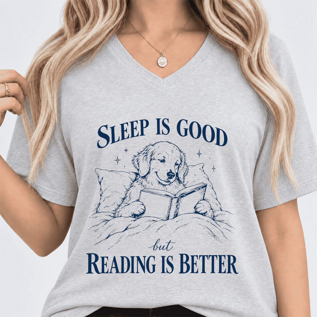 Sleep Is Good But Reading Is Better Ultra-Soft V-Neck | Dog Lover Reader Gift Ash