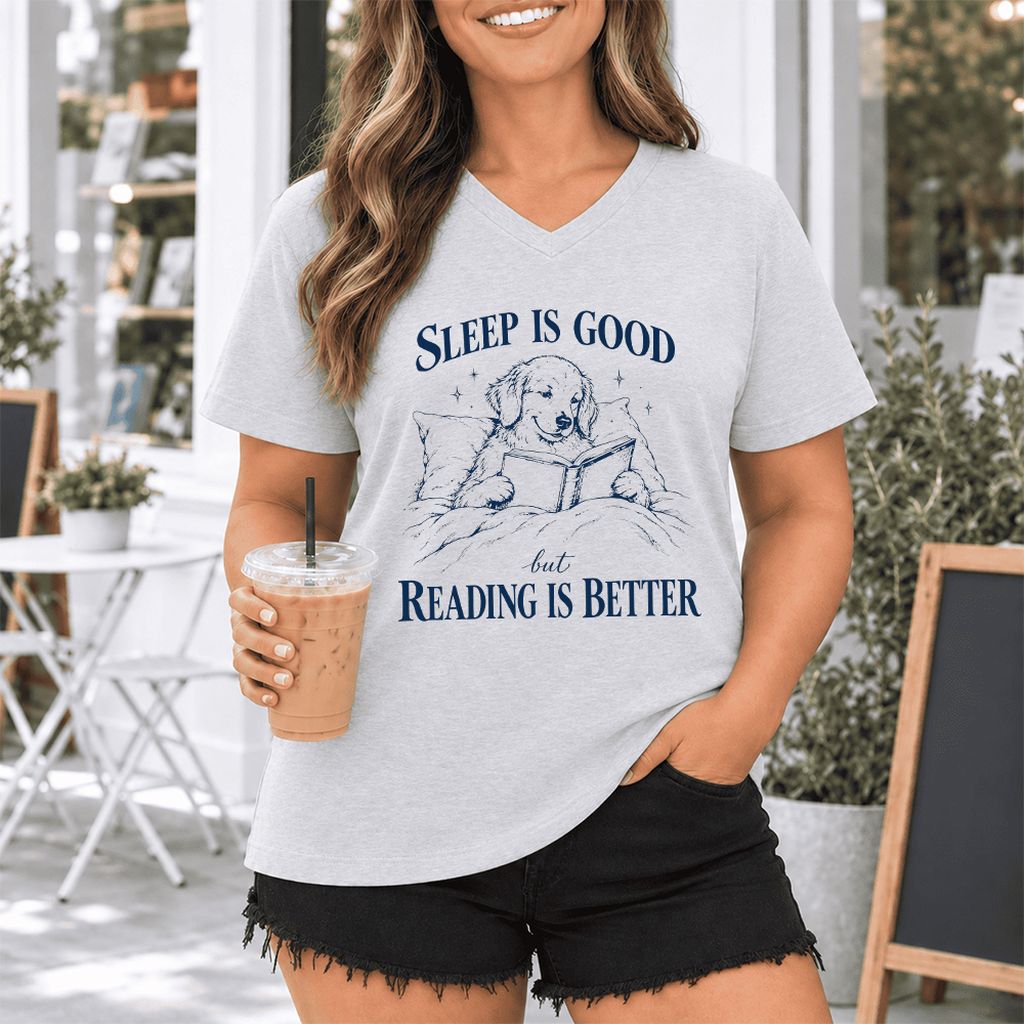 Sleep Is Good But Reading Is Better Ultra-Soft V-Neck | Dog Lover Reader Gift Ash