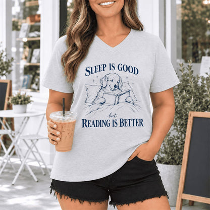 Sleep Is Good But Reading Is Better Ultra-Soft V-Neck | Dog Lover Reader Gift Ash