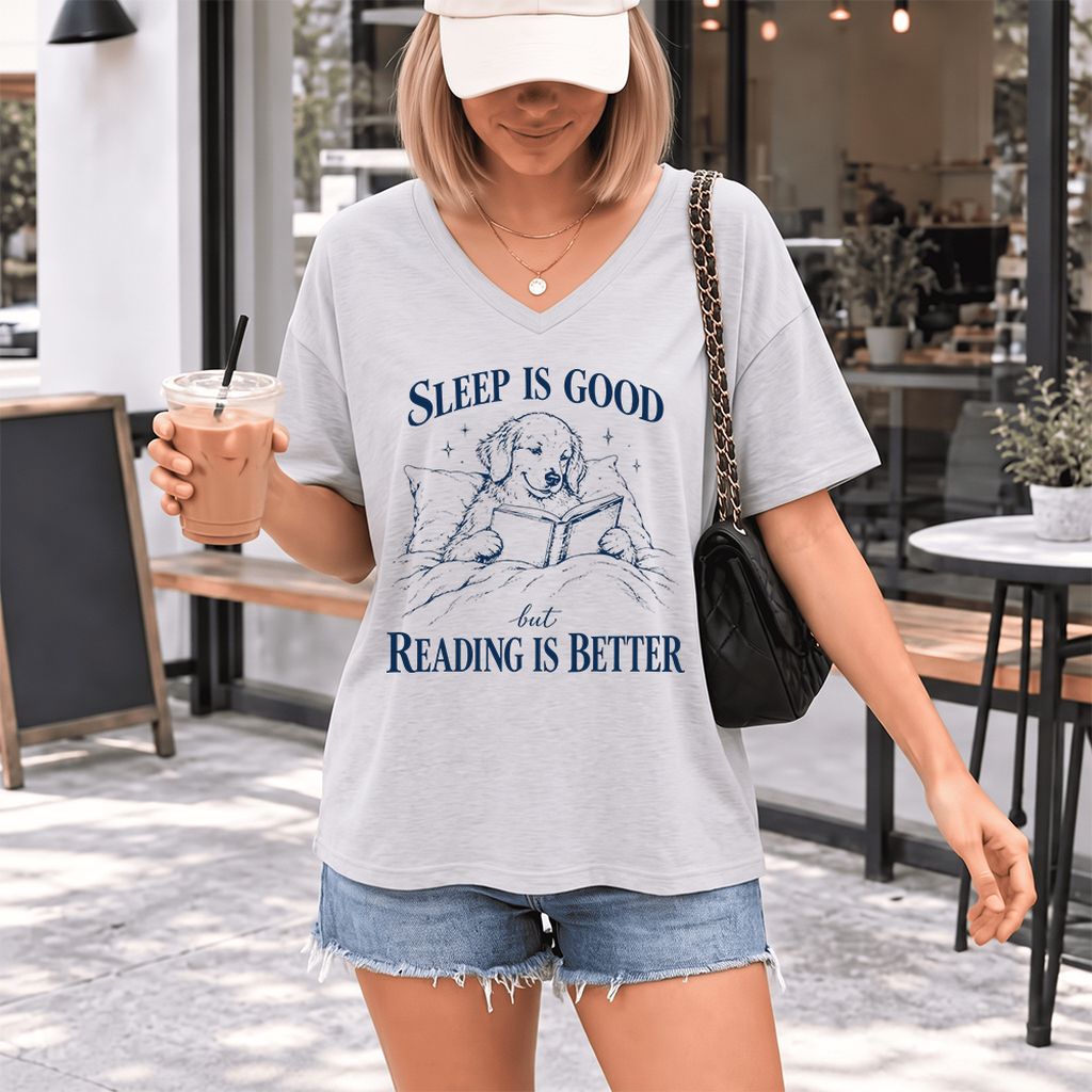 Sleep Is Good But Reading Is Better Ultra-Soft V-Neck | Dog Lover Reader Gift Ash