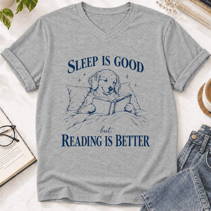 Sleep Is Good But Reading Is Better Ultra-Soft V-Neck | Dog Lover Reader Gift Athletic Heather