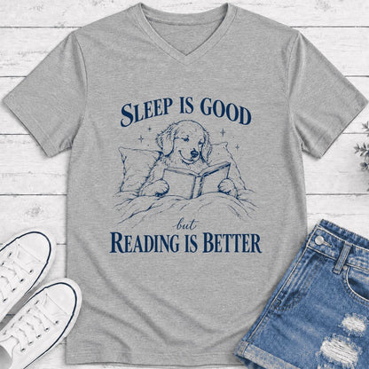 Sleep Is Good But Reading Is Better Ultra-Soft V-Neck | Dog Lover Reader Gift Athletic Heather