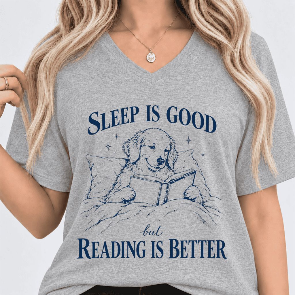 Sleep Is Good But Reading Is Better Ultra-Soft V-Neck | Dog Lover Reader Gift Athletic Heather