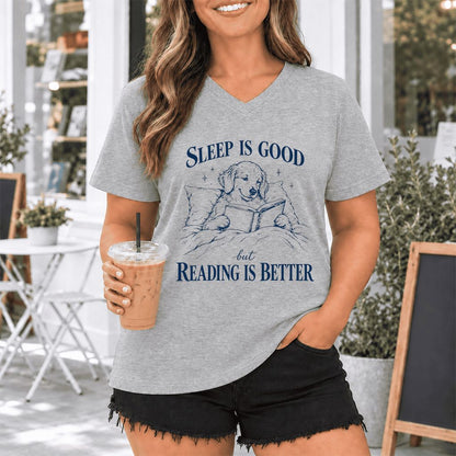 Sleep Is Good But Reading Is Better Ultra-Soft V-Neck | Dog Lover Reader Gift Athletic Heather