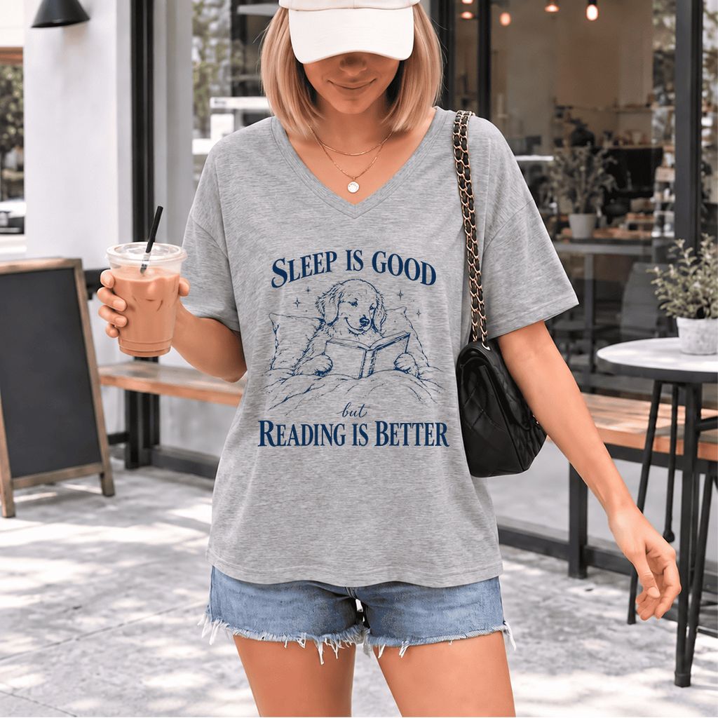 Sleep Is Good But Reading Is Better Ultra-Soft V-Neck | Dog Lover Reader Gift Athletic Heather