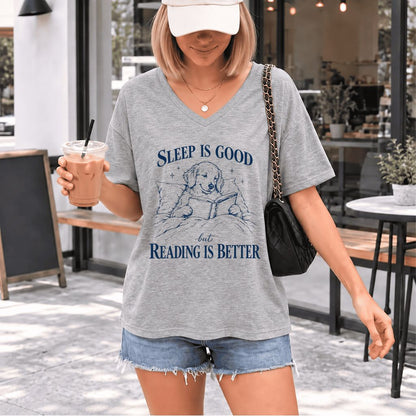 Sleep Is Good But Reading Is Better Ultra-Soft V-Neck | Dog Lover Reader Gift Athletic Heather