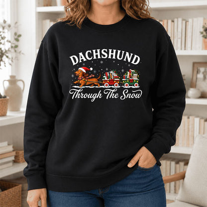 Dachshund Through The Snow Printed Sweatshirt | Christmas Dog Lover Reader Gift Black