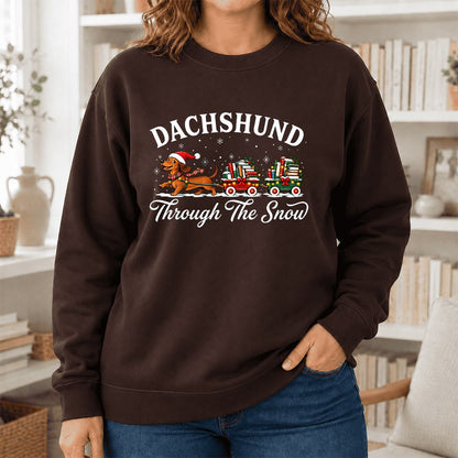 Dachshund Through The Snow Printed Sweatshirt | Christmas Dog Lover Reader Gift Dark Chocolate