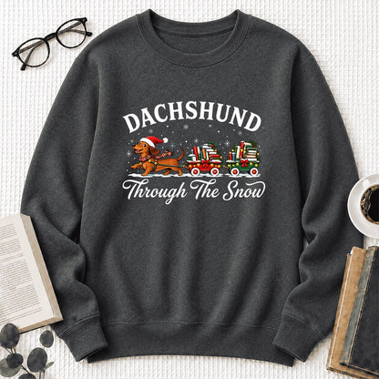 Dachshund Through The Snow Printed Sweatshirt | Christmas Dog Lover Reader Gift Dark Heather