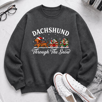 Dachshund Through The Snow Printed Sweatshirt | Christmas Dog Lover Reader Gift Dark Heather
