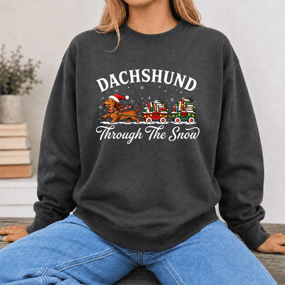 Dachshund Through The Snow Printed Sweatshirt | Christmas Dog Lover Reader Gift Dark Heather