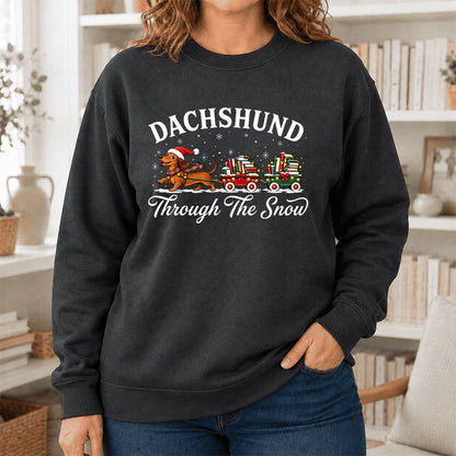 Dachshund Through The Snow Printed Sweatshirt | Christmas Dog Lover Reader Gift Dark Heather