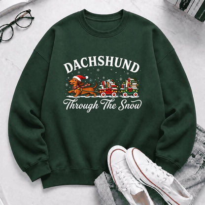 Dachshund Through The Snow Printed Sweatshirt | Christmas Dog Lover Reader Gift Forest Green