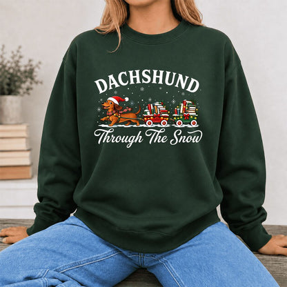 Dachshund Through The Snow Printed Sweatshirt | Christmas Dog Lover Reader Gift Forest Green