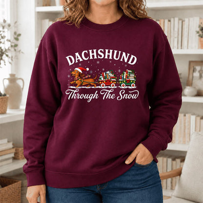 Dachshund Through The Snow Printed Sweatshirt | Christmas Dog Lover Reader Gift Maroon