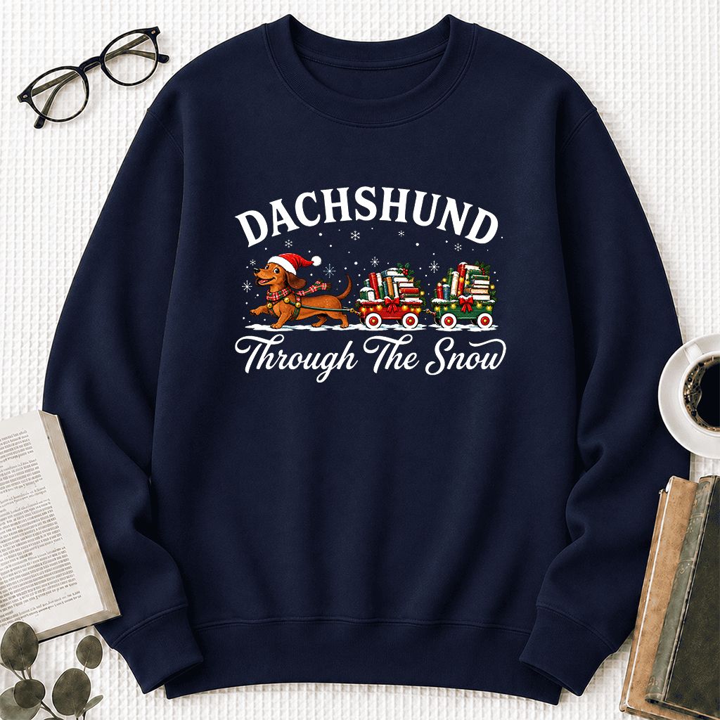 Dachshund Through The Snow Printed Sweatshirt | Christmas Dog Lover Reader Gift Navy