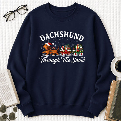 Dachshund Through The Snow Printed Sweatshirt | Christmas Dog Lover Reader Gift Navy