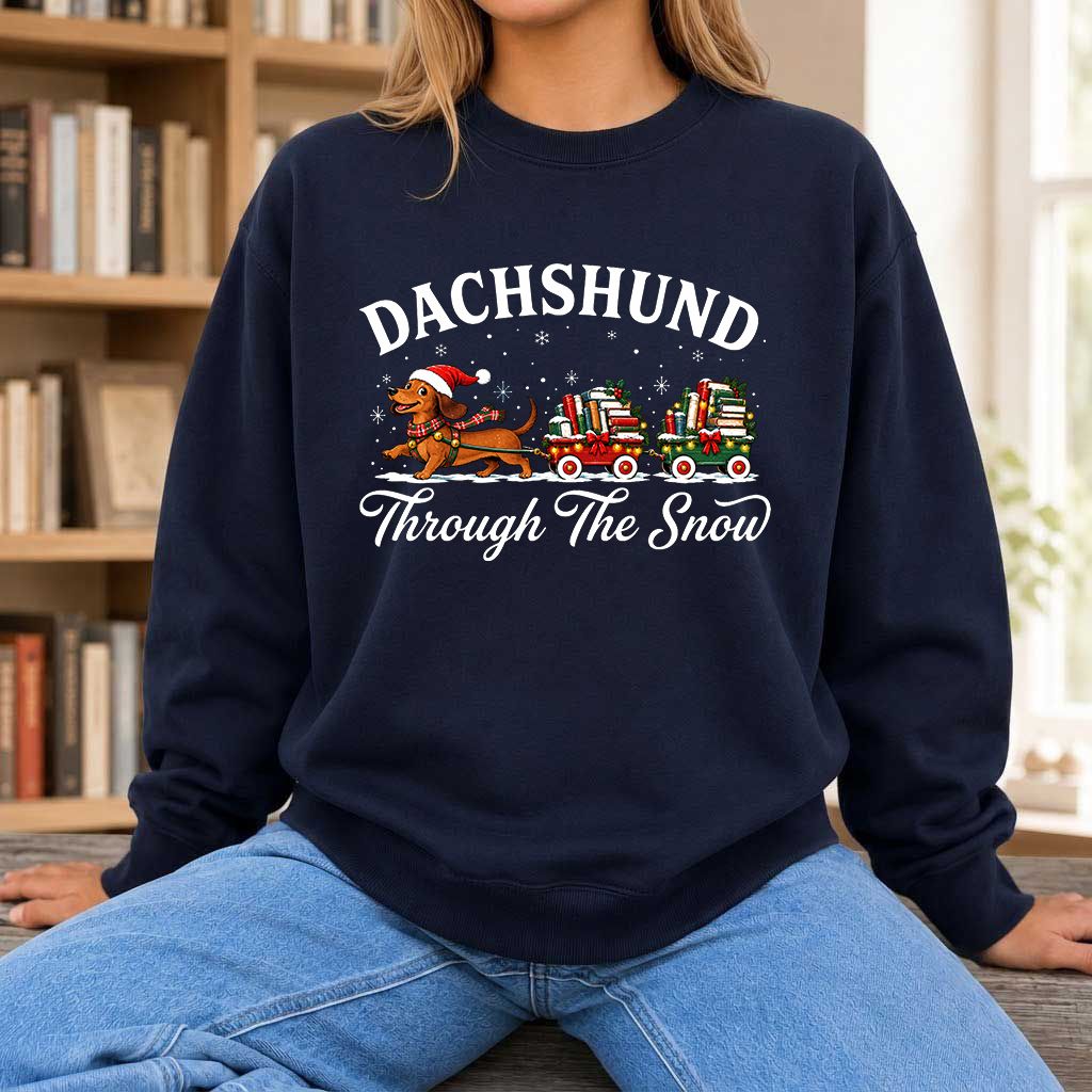 Dachshund Through The Snow Printed Sweatshirt | Christmas Dog Lover Reader Gift Navy