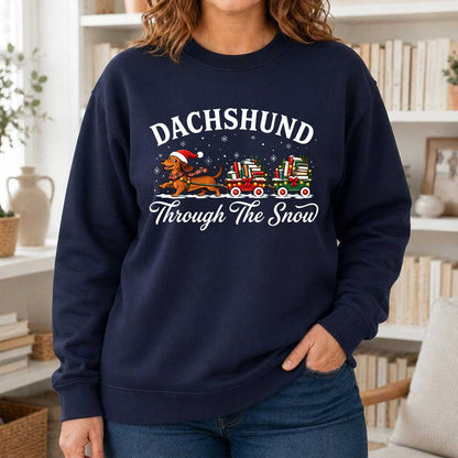 Dachshund Through The Snow Printed Sweatshirt | Christmas Dog Lover Reader Gift Navy