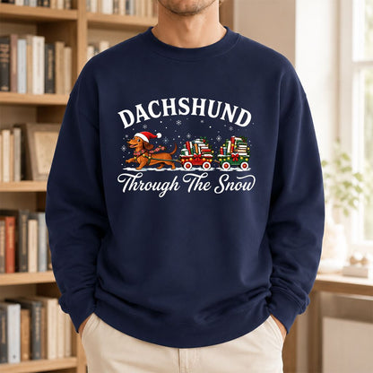 Dachshund Through The Snow Printed Sweatshirt | Christmas Dog Lover Reader Gift Navy