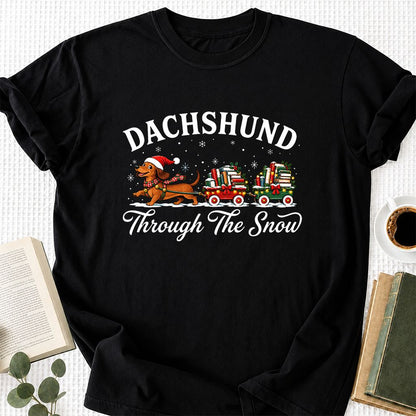 Dachshund Through The Snow Printed T-Shirt | Christmas Dog Lover Reader Gift Black