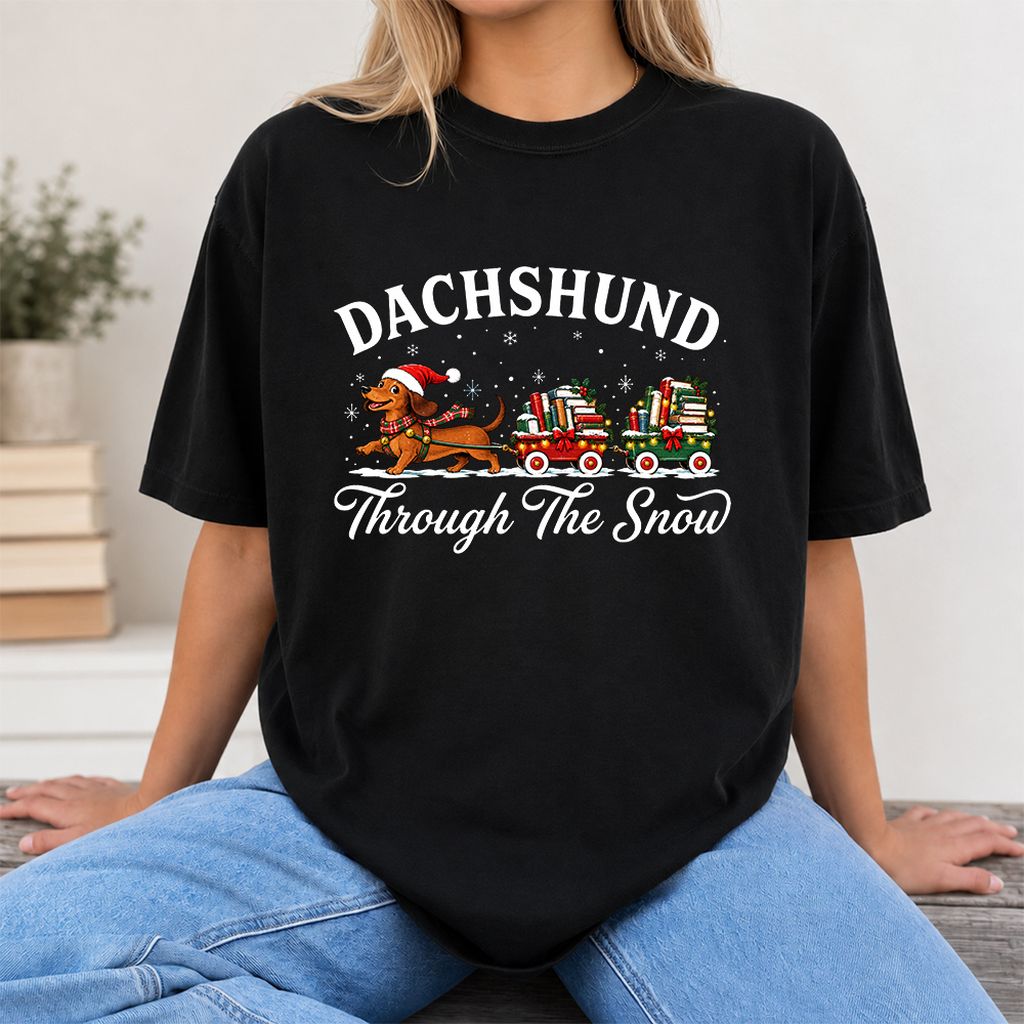 Dachshund Through The Snow Printed T-Shirt | Christmas Dog Lover Reader Gift Black