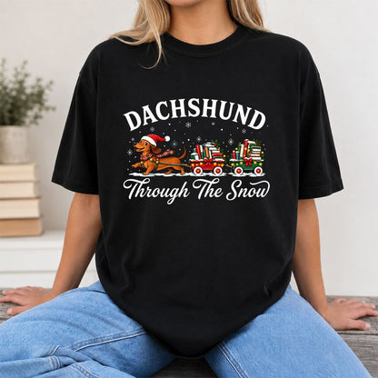 Dachshund Through The Snow Printed T-Shirt | Christmas Dog Lover Reader Gift Black