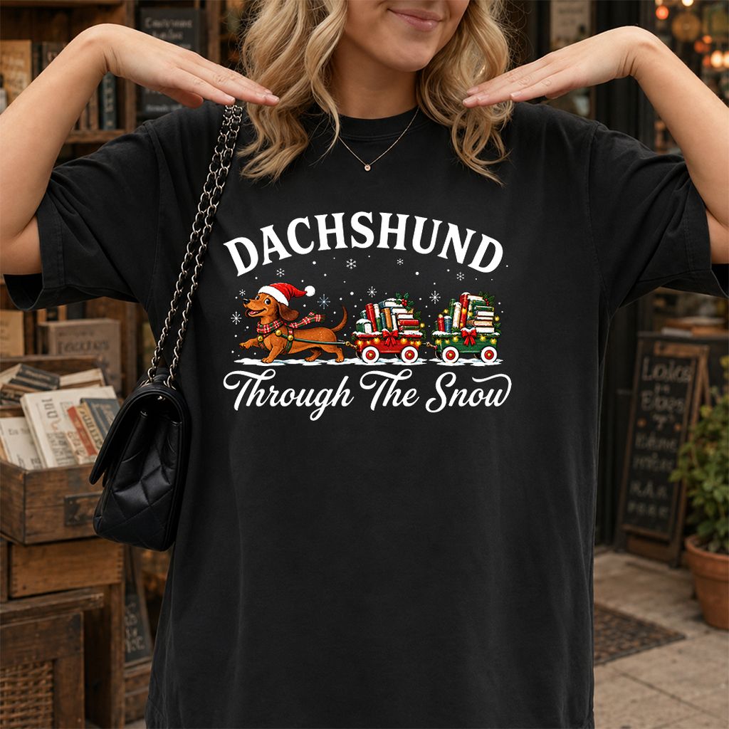 Dachshund Through The Snow Printed T-Shirt | Christmas Dog Lover Reader Gift Black