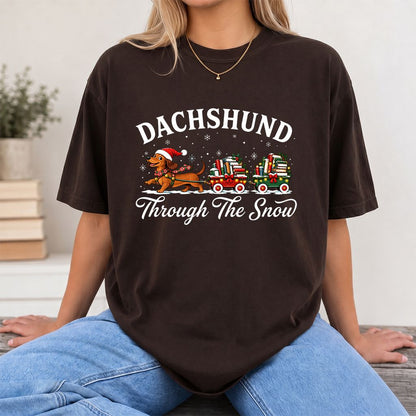 Dachshund Through The Snow Printed T-Shirt | Christmas Dog Lover Reader Gift Dark Chocolate