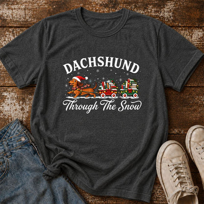 Dachshund Through The Snow Printed T-Shirt | Christmas Dog Lover Reader Gift Dark Heather