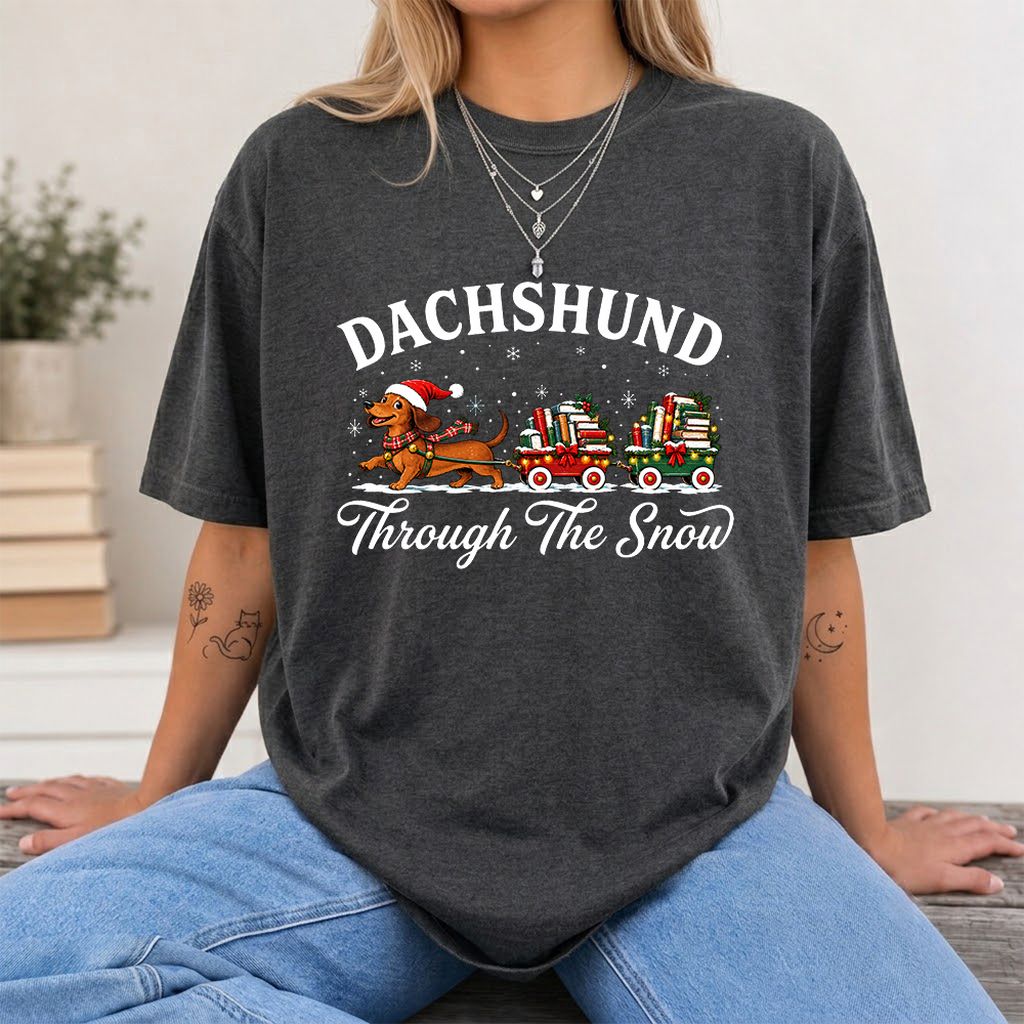 Dachshund Through The Snow Printed T-Shirt | Christmas Dog Lover Reader Gift Dark Heather