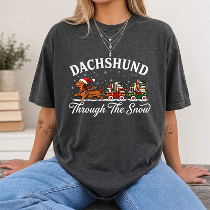 Dachshund Through The Snow Printed T-Shirt | Christmas Dog Lover Reader Gift Dark Heather