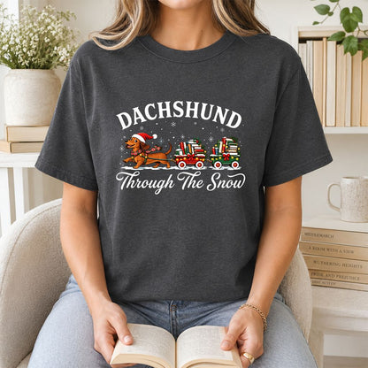 Dachshund Through The Snow Printed T-Shirt | Christmas Dog Lover Reader Gift Dark Heather