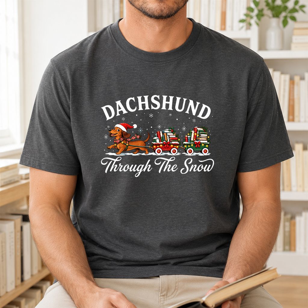 Dachshund Through The Snow Printed T-Shirt | Christmas Dog Lover Reader Gift Dark Heather