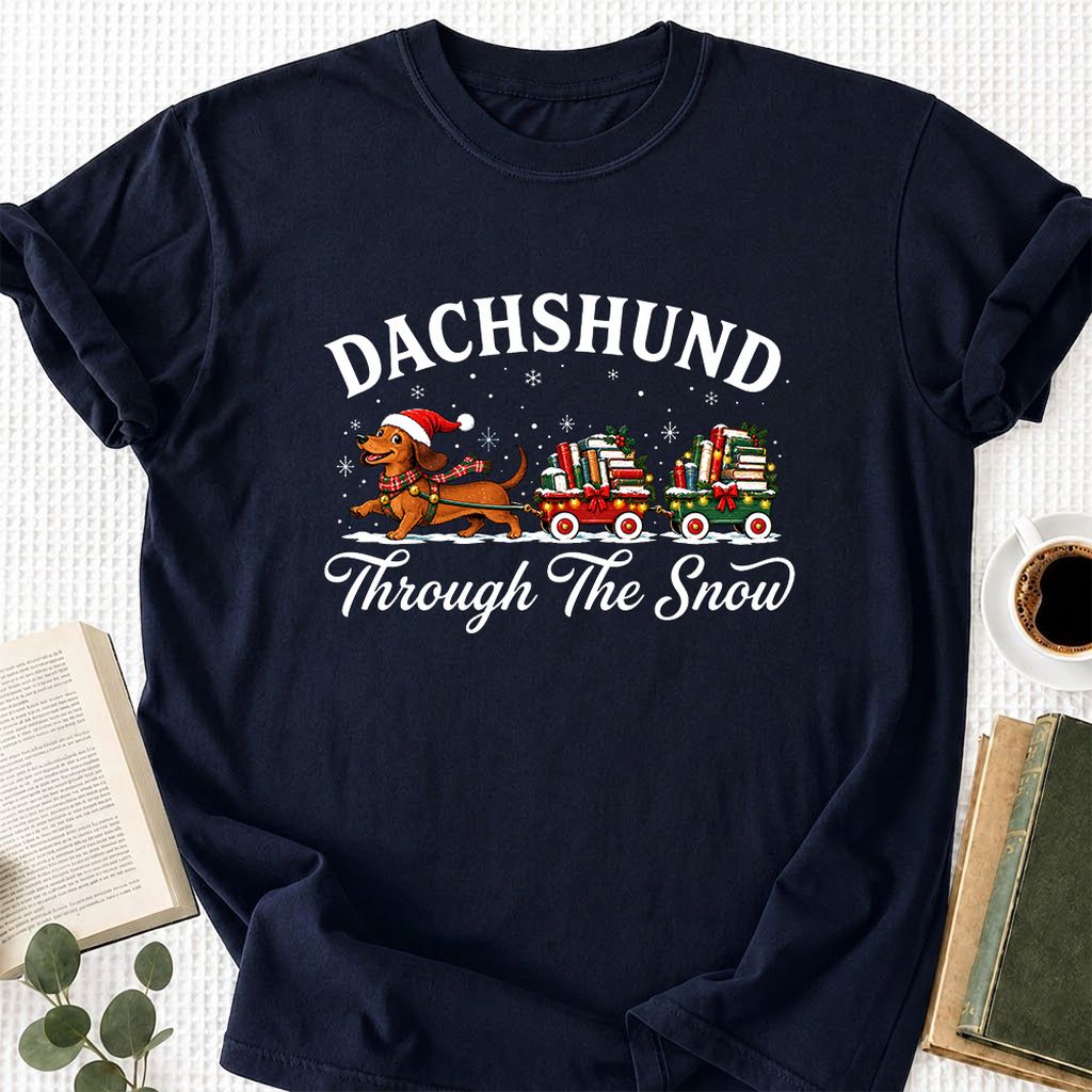 Dachshund Through The Snow Printed T-Shirt | Christmas Dog Lover Reader Gift Navy